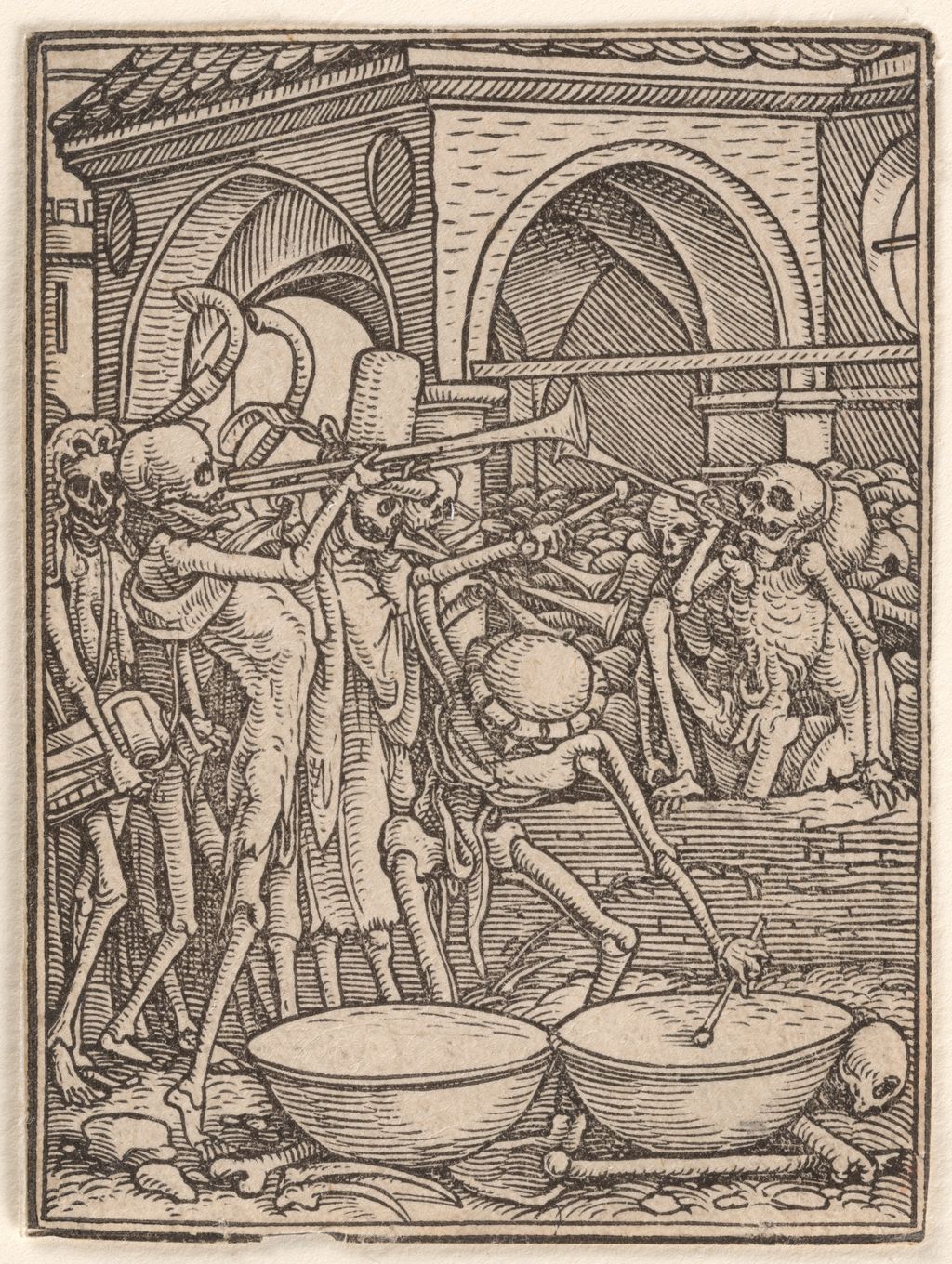Skeletons Making Music, also called The Cemetery, from the Dance of Death, designed by Hans Holbein the Younger and cut by Hans Lützelburger. The Metropolitan Museum of Art, Rogers Fund, 1919, 19.57.5.